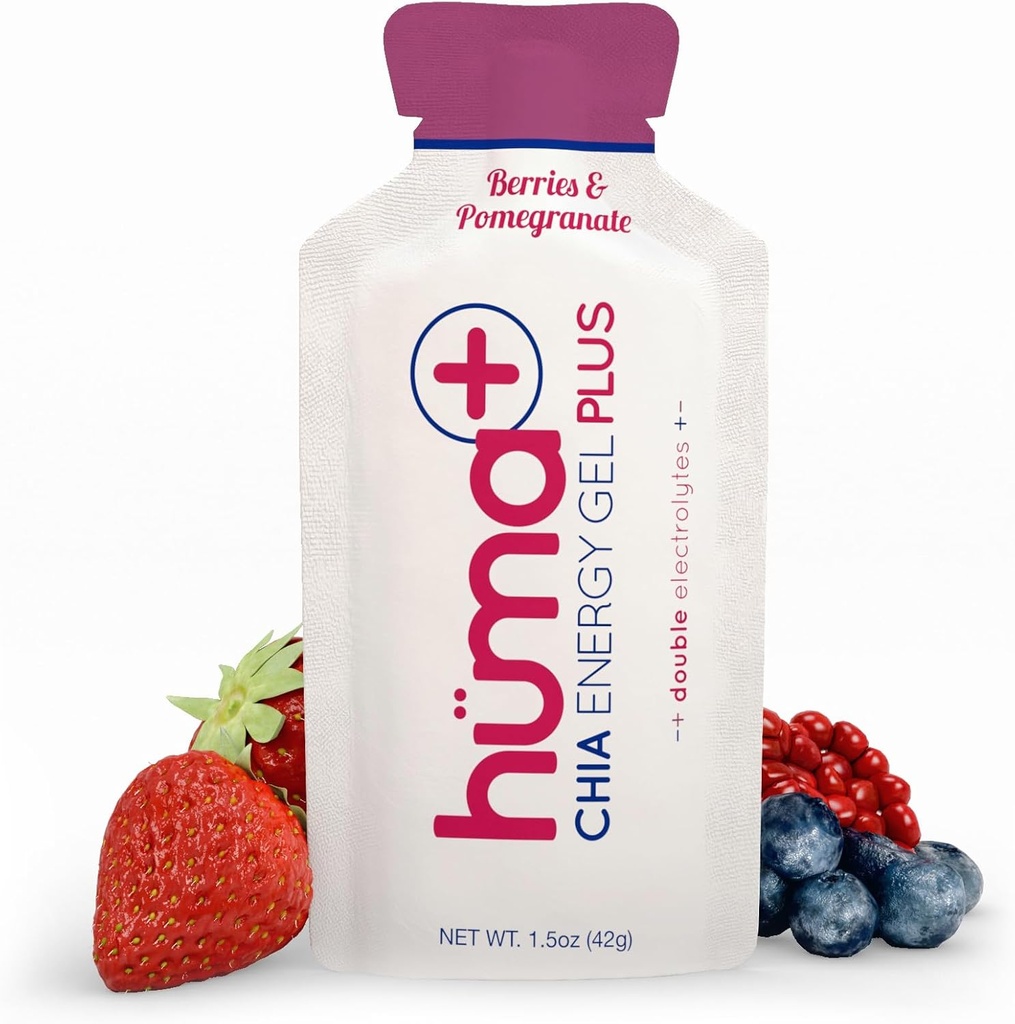 Huma Plus (Double Electrolites) - Chia Energy Gel, Berries & Pecaciate, 24 Gels - Stomach Friendly, Real Food Energy Gels