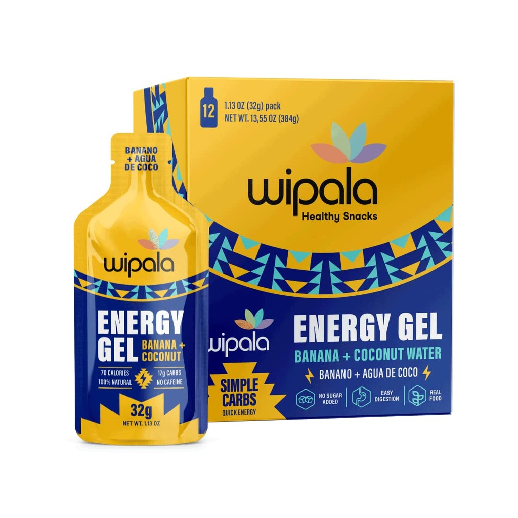 Wipala Energy Gel, Banana Coconut, 12 Pack - Caffeine Free, Seracted Vegan, Non GMO - Clean Energy for Endurance Exercise, Running & Performance