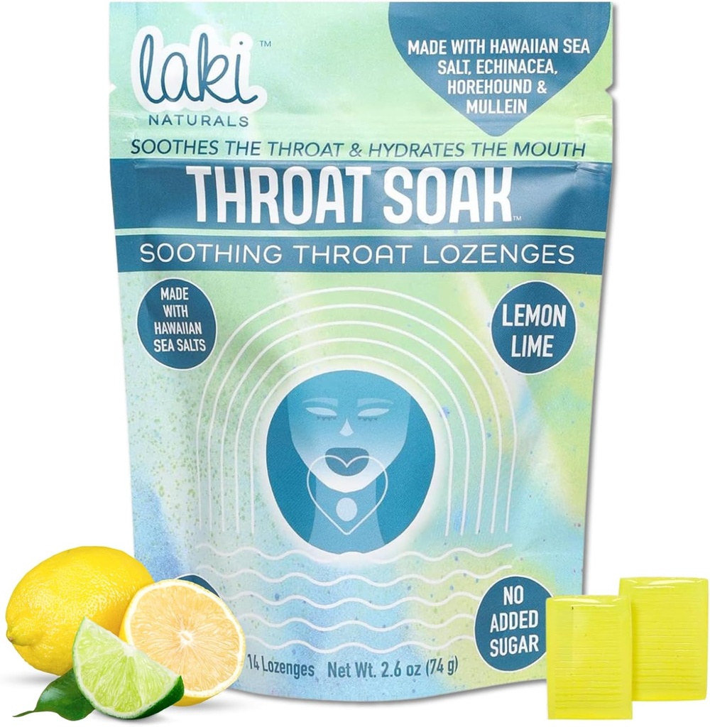 Laki Comparals Throat Soak Herbal Throat Lozenges (14 Ct) - Hawaiian Sea Salt Sore Throat & Dry Mouth Soothing Drops - Vegan, Non-GMO, Sugar- Free & Gluten- Free Sweet and Salty Herbal Candies
