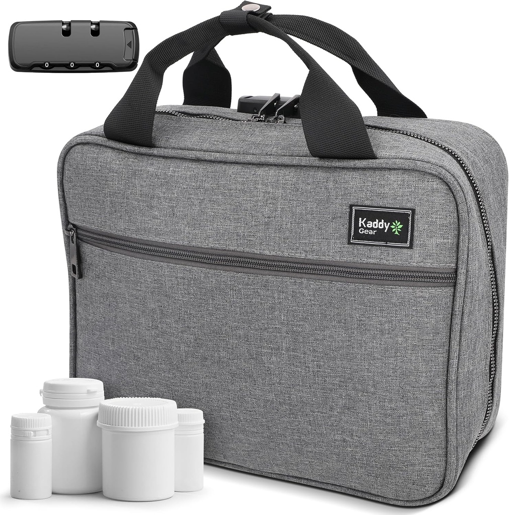 Kaddy Large Medicine Bag, Secure, Padded, Pill Organizer Box, Case for Bottles of Medicine; Penyimpanan; Toiletry; 3 Digit Lock, Grey