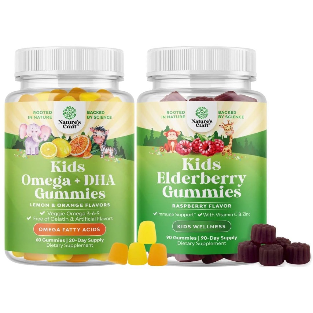 Bundle of Kids DHA Omega 3 Gummies - Fatty Acids Omega 3 6 9 for Brain Immune Power & Vision
