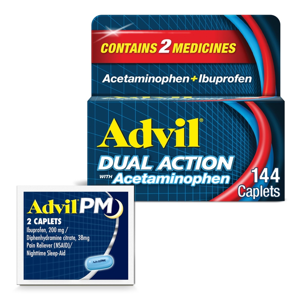 Advil Dual Action With Acetaminophen And Ibuprofen (2 Dose Equilial) For 8 Hour Pain Relief, Diurutkan 144 Ct Caplets And 2 Ct.