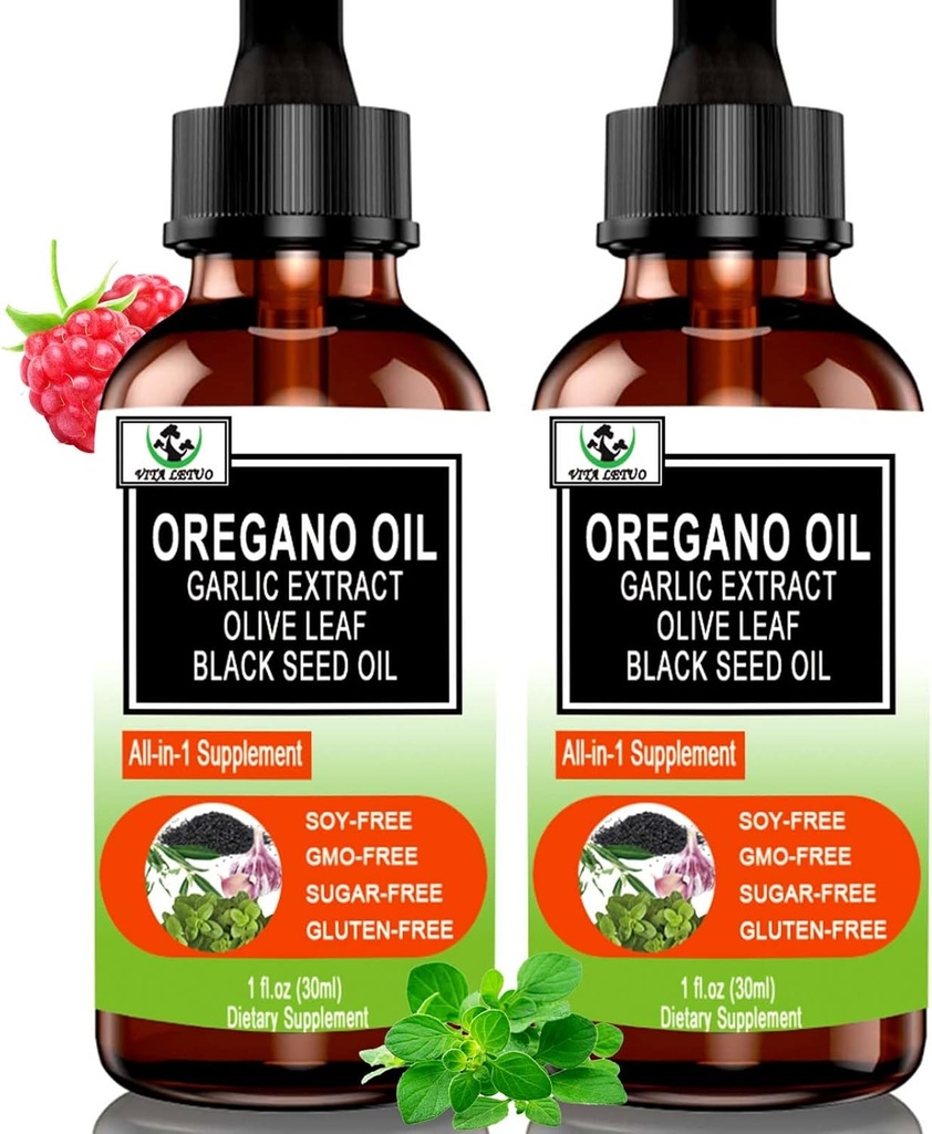 (2 Paket) Minyak Organik Oregano dengan Minyak Benih Hitam untuk Imune, Dukungan Digesi & Antioksidan, w / Garlic Elderberry Seasonal Dukungan 6X Cairan Absorpsi Oregano