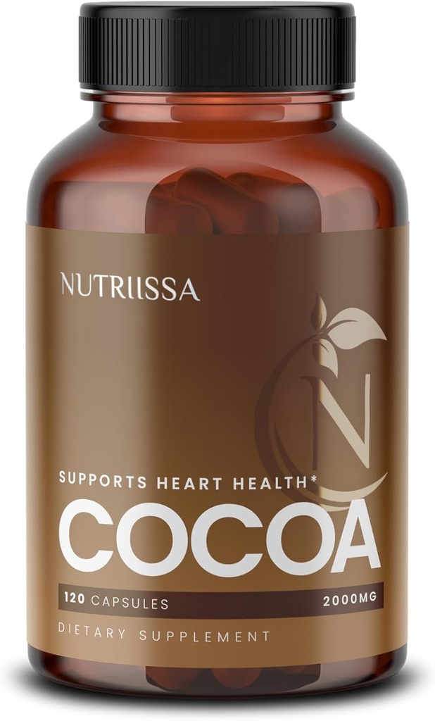 Nutriissa Cocoa Capsules 2000mg - Advanced Heart Health, Nitric Oxide & Circulation Dups - 500mg Cocoa Flavanols per Serving - EPEB Disahkan untuk kemurnian & Potensi - Vegan, 120 Capsules, 40 Servis