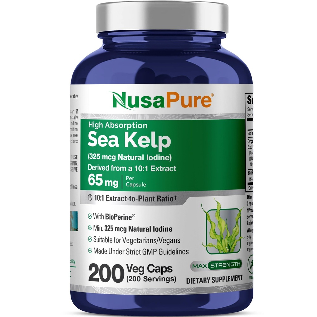 NusaPure Sea Kelp Natural Iodin 325mcg 10: 1 Ekstrak, 65 mg Equivalen ke 650 mg Capsule 200 Count (Non- GMO, Vegan)