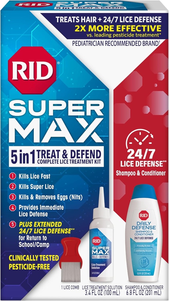 RID Super Max Lice Treatment Kit, Kills Lice & Super Lice & Eggs + 24 / 7 Lice Defense, Pesticide Free, 3.4 FL OZ Solution + 6.8 FL OZ Daily Defense Shademoner + Conditioner + Nit Removal Comb