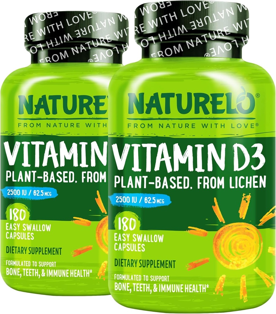 NATURELO Vitamin D - 2500 IU - Tanaman yang berbasis dari Lichen - Natural D3 Suplemen untuk Sistem Imune, Dukungan Tulang, Kesehatan Gabungan - Gegan-GMO - Gluten Bebas - 180 Kapsul (Paket 2)