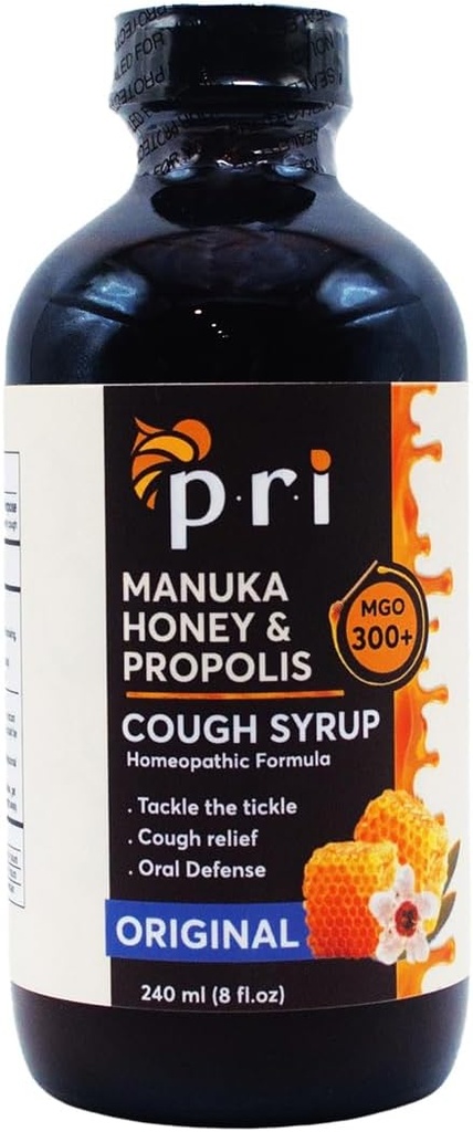 P.R.I Natural Cough Syrup dengan Manuka Honey, Propolis, Tea Tree Oil dan Vitamin C - Sore Throat & Imune Dukungan, Asli Flavor, 8oz