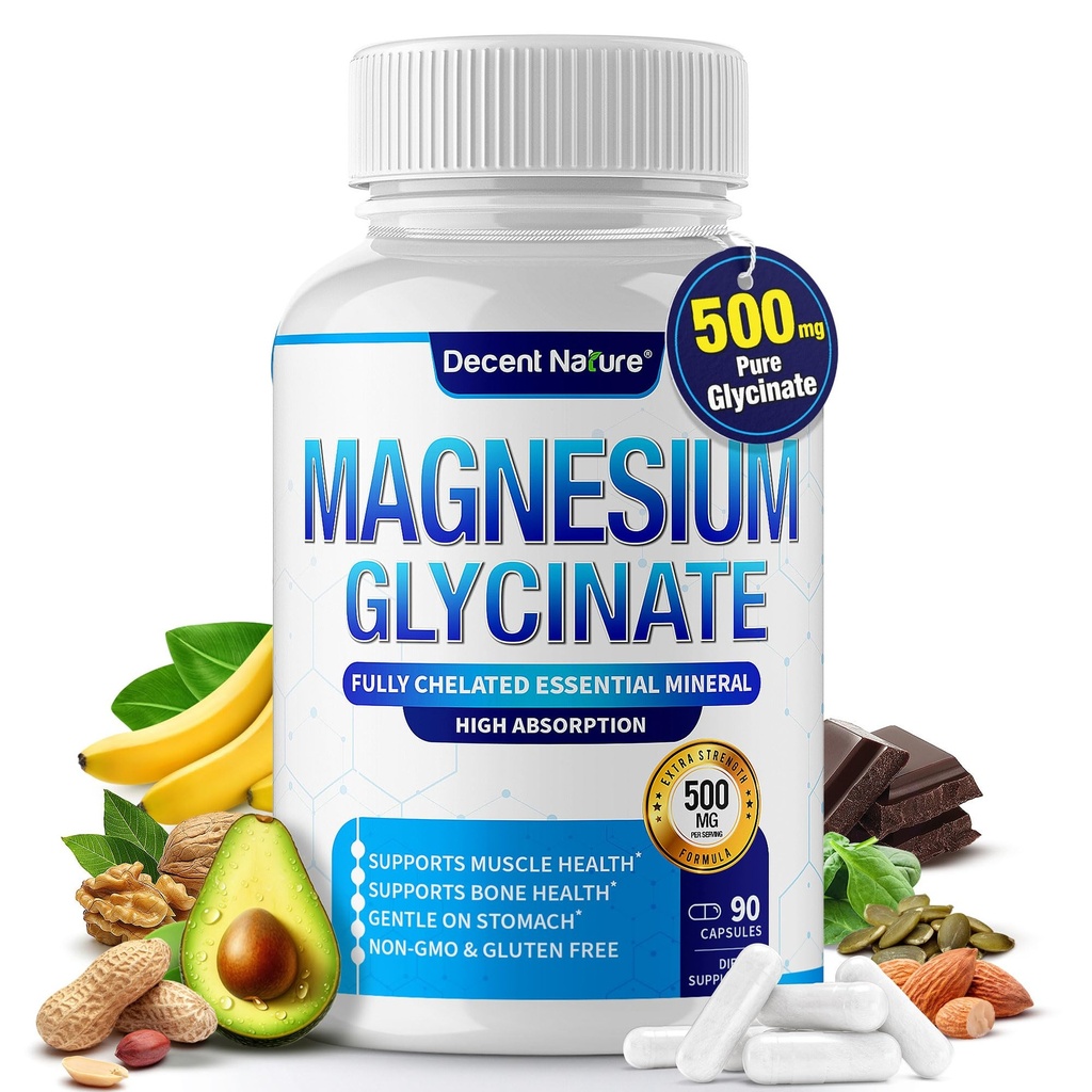 Magnesium Glycinate 500mg Magnesium Suplemen - Dilengkapi untuk Absorpsi Tinggi & Biotersedia Dukungan Tidur, Muscle, Tulang, Kurung, Pemulihan & Energi, Vegan Non- GMO 90 Kasules