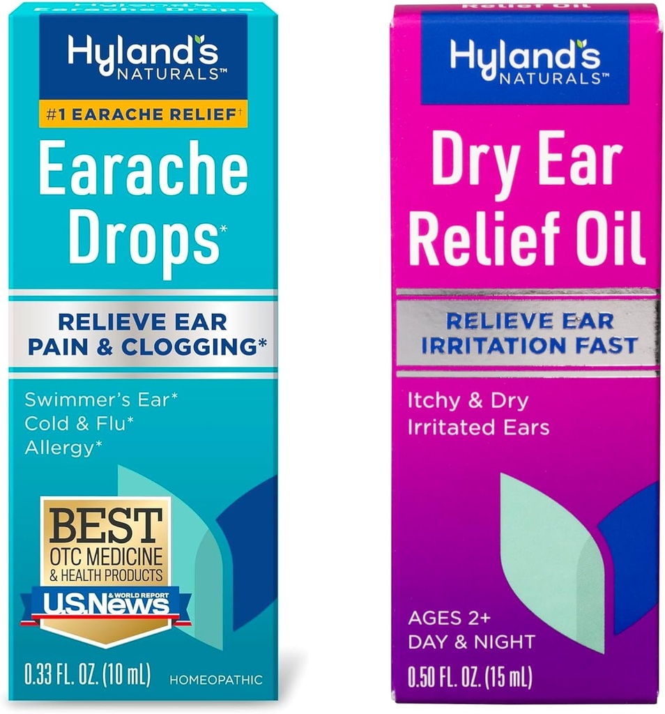 Bundle of Hyland 's Earache Drops 0.33 Fl Oz and Dry Ear Oil, Relief Ear Ear Fast, for Itchy and Dry Irrouted Ears, Ages 2 and up, Day and Night Drops, 0.5 Ounce