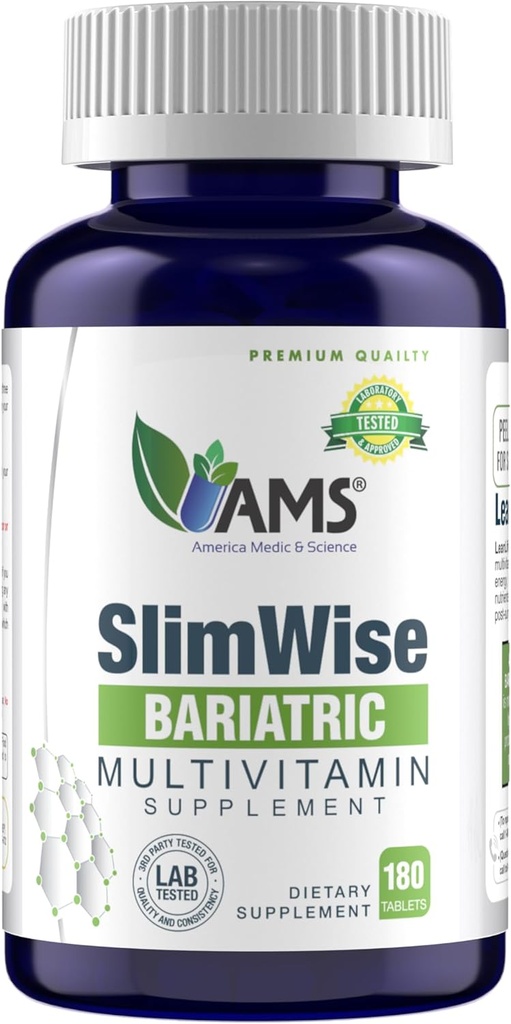 American Medic & Science Slimwise Bariatric Multivitamin - 180 Caplets 124; 2- Month Supply 124; Post Gastric Bypass & Sleeve Dukung 14; Iron, B12, Vitamin D3, Flolate 124; Eister-To-Swallow Bariatric Vitamins