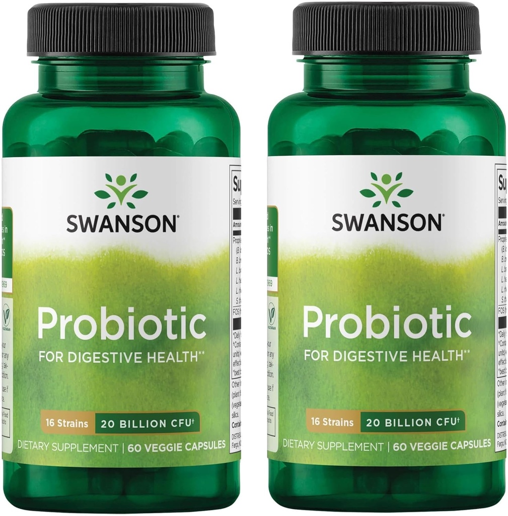 Swanson Probiotic for Digetical Health GI Tract Ammune Support Traveler 20 Miliar CFU with Prebiotic FOS 60 Veggie Capsules (2 Pack)