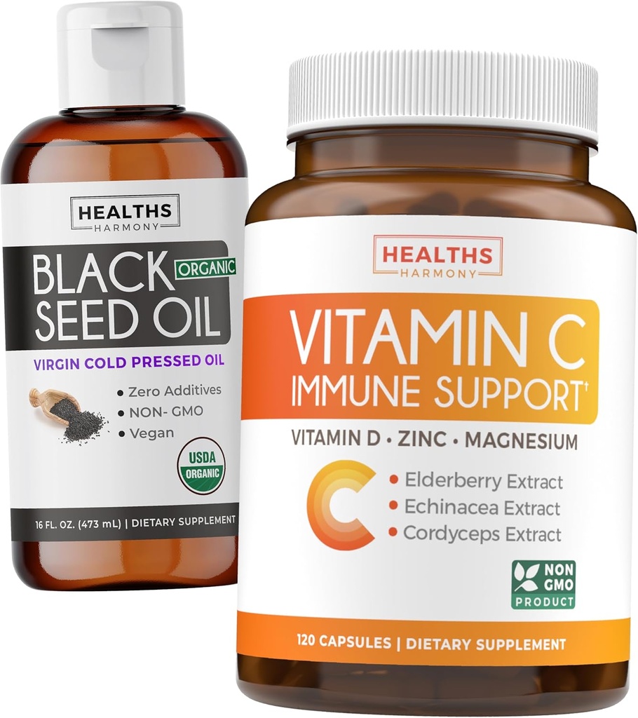 Cairan Minyak Benih Hitam & Imune Dukungan (2-Bulan Suplai) Penyangga Kebal Kebal Tanpa-Kebal, Bundle - Limun Minyak Benih Hitam (16Fl.oz) Premium Cold- Pressed Clack Cumin Benih & Vitamin C Immune Dukungan (120 Veg Caps)