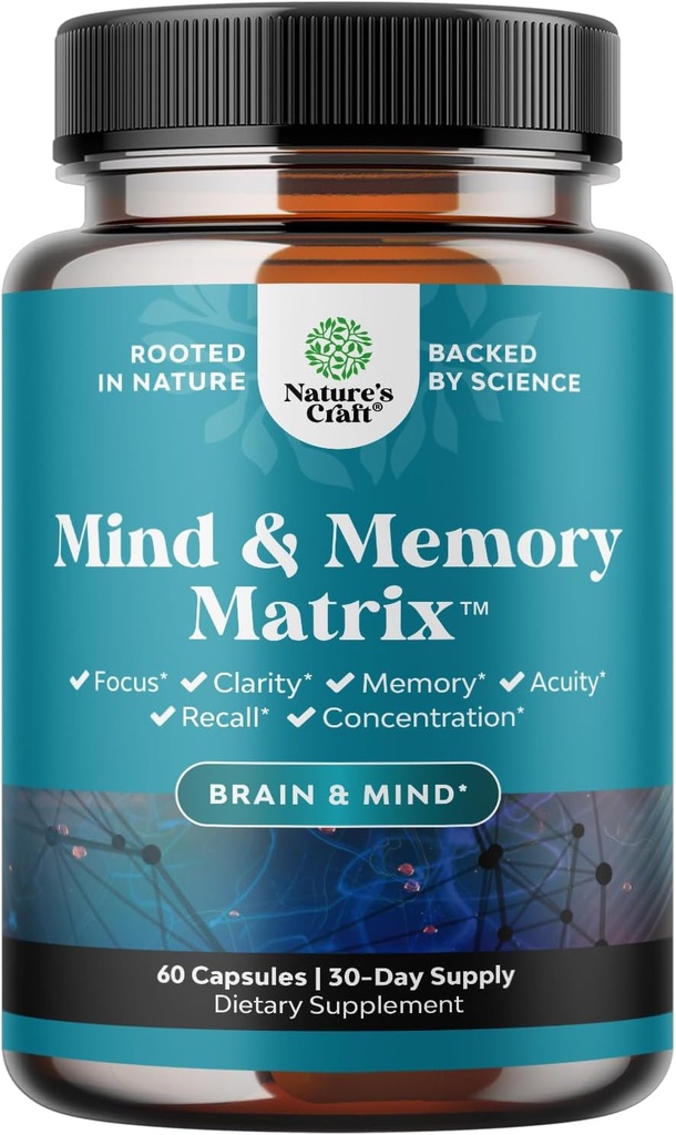 Matrix Nootropic Brain Supplement for Memory and Focus Enhancement - Vitamin for Mental Health & Clarity - Kompleks Kognitif untuk Perdewasaan Semua Ages Mind Vitalitas - 60 Capsules