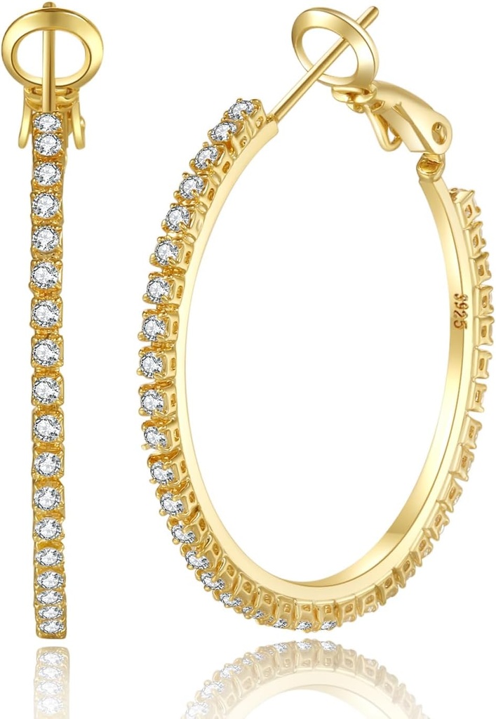 PABBEU 2mm 925 Sterling Silver Earrings Big Sterling Silver Hoop Earrings for Women Large Rhinestone Earrings Thin Kubic Zirconia Earrings for Women 30 / 40 / 50 / 60 / 70mm