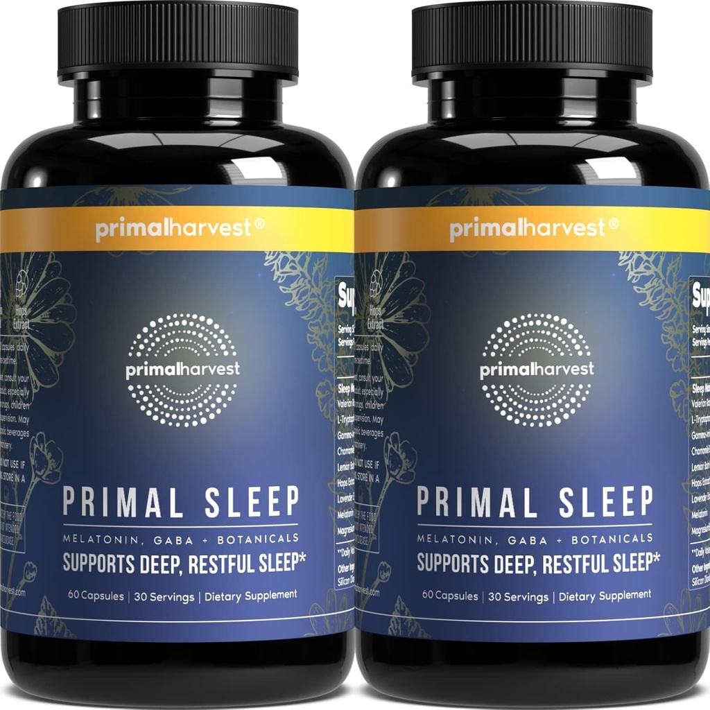 Primal Harvest 2 Pack, Primal Sleep, 120 Kapsul dengan Valerian Root, L- Tryptophan, GABA, Chamomile, dan Melonain 3mg