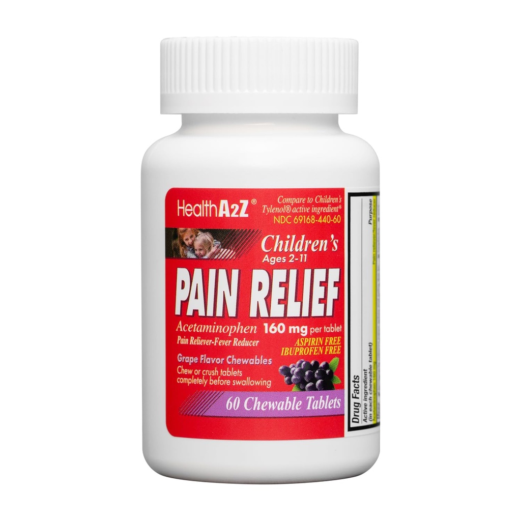 HealtA2Z ® Children 's Chewable Pain Relief 126; Acetaminophen 160mg 124; Tablets Chewable 124; Grape Flavor Chewables 124; Aspirin & Ibuprofen Free (60 Counts)