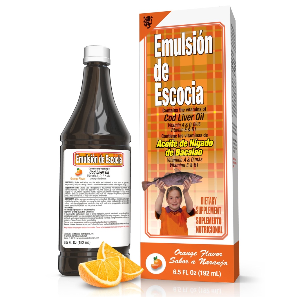 EMULSION DE ESCCOCIA Cod Liver, Orange Flavor, 6.5 fl oz (1 Pack) - Fish Oil with Vitamin A, D, E, B1, Omegaga- 3 for Immune and Bone Health, Anak-anak & Dewasa