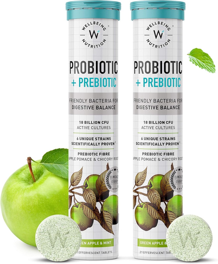WELLBEING NUTRITITSI Daily Probiotic + Prebiotic 124; Plant Based 124; 18 Milyar CFU, 6 Strains for Men & Women with Organic Prebiotic Fiber for Divalry, Gut Health, Metabolisme 124; 42 Effervescent Tab