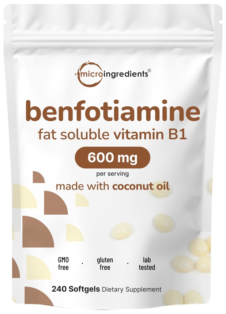 Mikro Ingrediens Vitamin B1 Benfotiamine 600mg Per Serving, 240 Coconut Oil Softgeels 126; Bioavailable B Vitamin Suplement, Convered to Active Thiamine 124; Nor-GMO, Soy Free