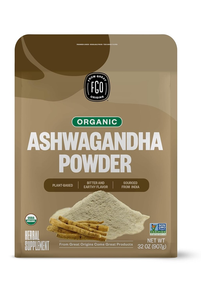 FGO Organic Ashwagandha Root Powder, 32oz Resleable Bulk Bag, Non-GMO, India Ginseng, Withania Somnifera, Sourced from India (Paket 1)
