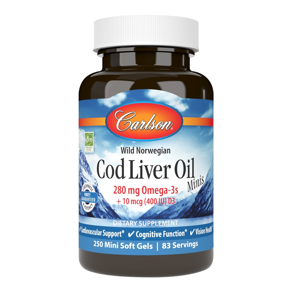 Carlson - Cod Liver Oil Minis, 280 mg Omega-3s + Vitamin A & D3, Dukungan Jantung & Kognitive Fungsi, Vision Health, 250 Mini Soft Gels