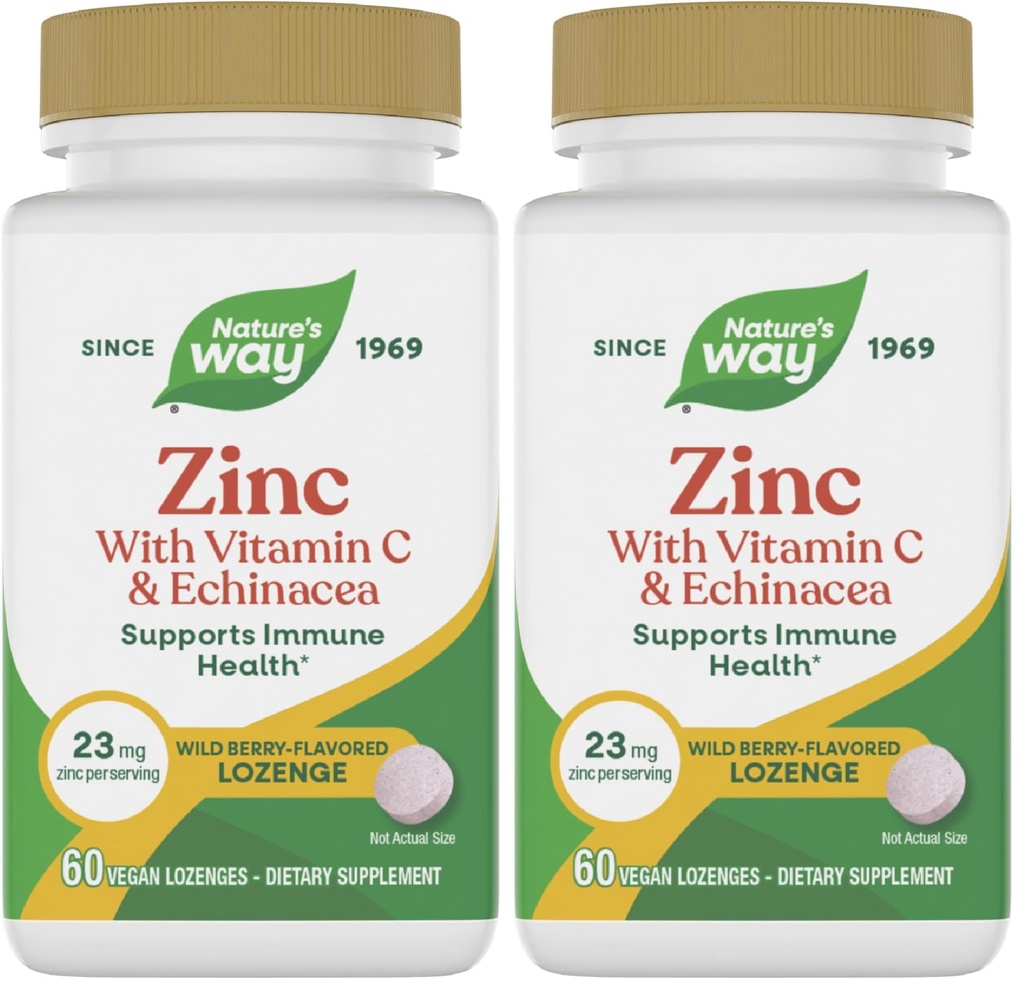 Nature 's Way Zinc Lozenges with Vitamin C & Echinacea, Immune Support *, Wild Berry Flavored, 60 Lozenges (Pack of 2)