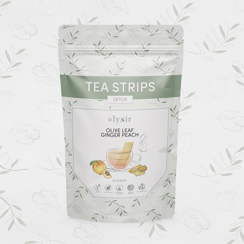 Olymeaxic Detox Tea Strips - Natural Olive Leaf, Ginger, & Peach Flavors - Instant, Energizing, Organic, Paleo, Vegan, Non-GMO 124; 25 Ct