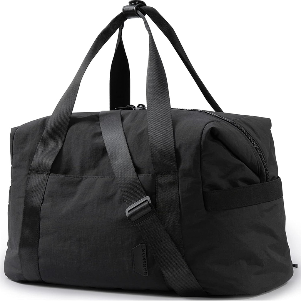 BAGSMT Gym Bag for Women, Carry on Weekender Overnight Bag, Travel Duffel with Trolley Sleeve, Personal Item Travel Tote Bags Dance Bags (Black, Medium)