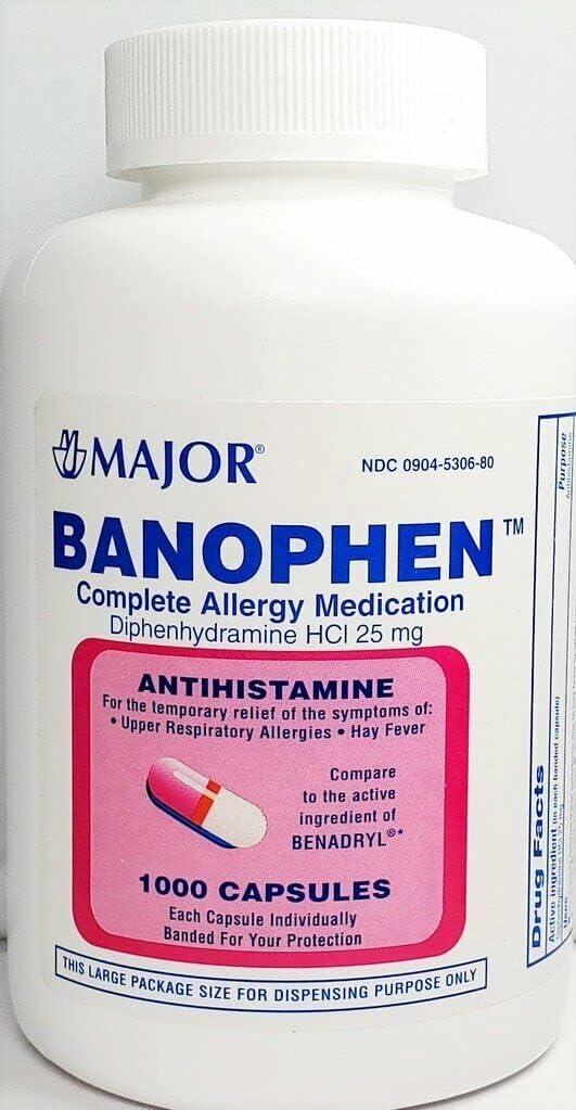 Mayor Banohpen - Pengobatan Alergi Lengkap - Diphenhydramine HCI 25 Mg - Antihistamin - 1000 Capsules (1 Pack)