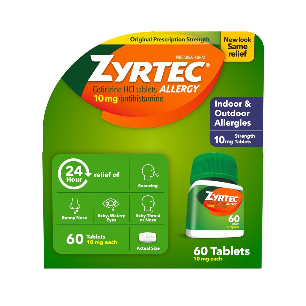 Zyrtec 24 Hour Relief Tablet, Bagian dalam & Outdoor Allergy Medicine dengan 10 mg Cetirizine HCI per Antihistamine Talet, Bantuan Allergies, 60 hitungan.