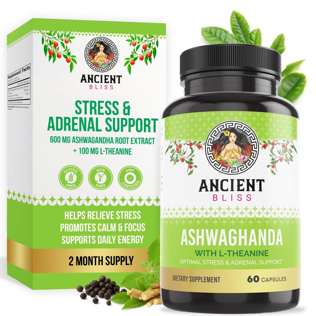 Aswagandha Kebahagiaan Kuno dengan L- Theanine & Black Pepper Extract Capsules, Dukungan Energi & Natural Mood, Suplemen Fokus untuk Dewasa