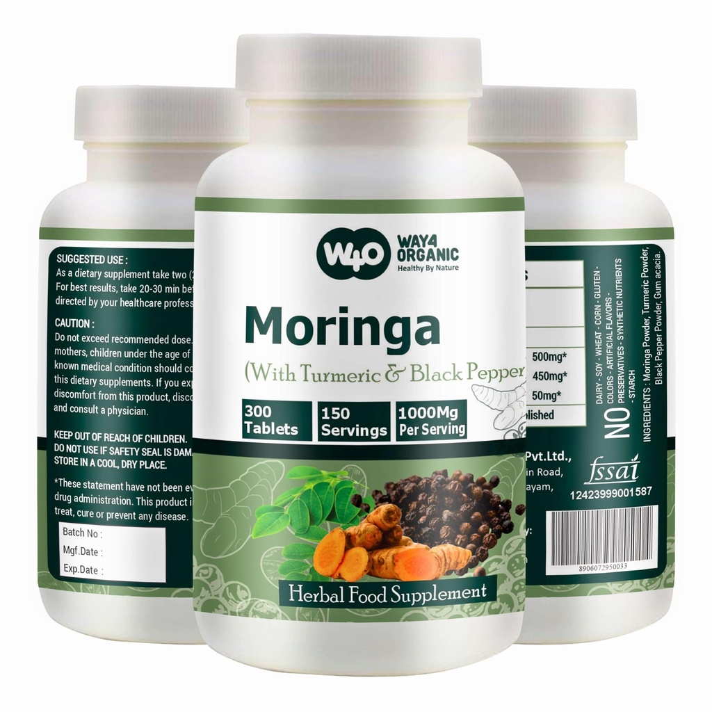 Moringa Tablet dengan Turmeric dan Black Pepper, 300 pil, 5 Bulan Suppply, 150 Serving, 1000 Mg per Serving. Satu Capsule dengan Multiple Benefits - Support Kesehatan Digetical (Paket 1)