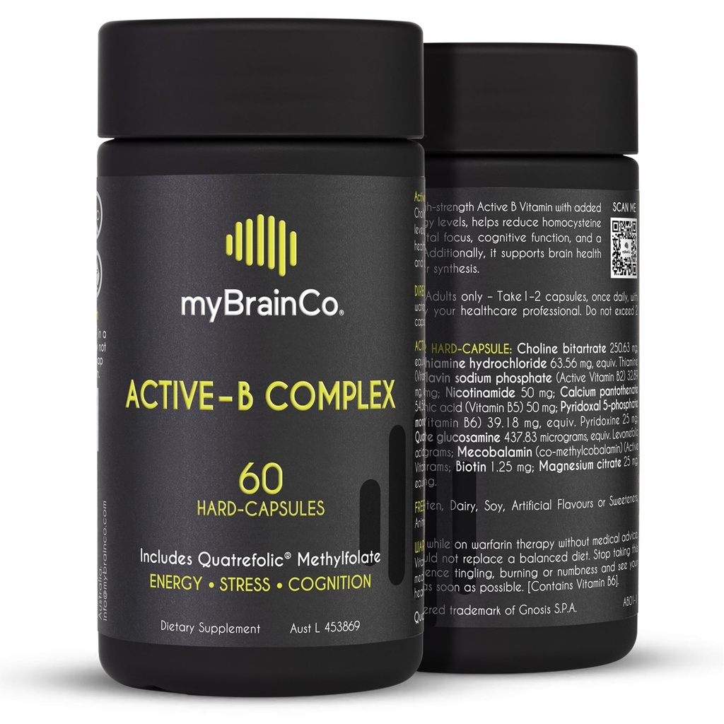 MyBrainCo. Aktive-B Kompleks - Kekuatan Tinggi Aktivasi B Vitamin Suplemen dengan B2, B6, B12 & Metil Fridge - Pendukung Energi, Fungsi Otak & Vitamin
