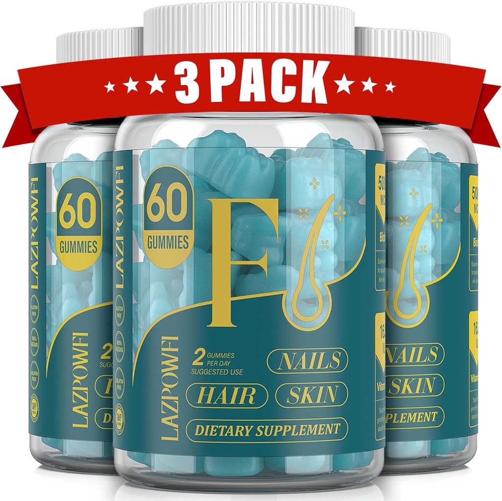 Biotin Gummies - Rambut Skin dan Nails Vitamin untuk Pria & Perempuan, Vegan Vitamin B7, Mendukung Rambut Perkembangan dan Lebih Kuat Nails, 90 Hari Suppply - Blueberry- 3 Pack