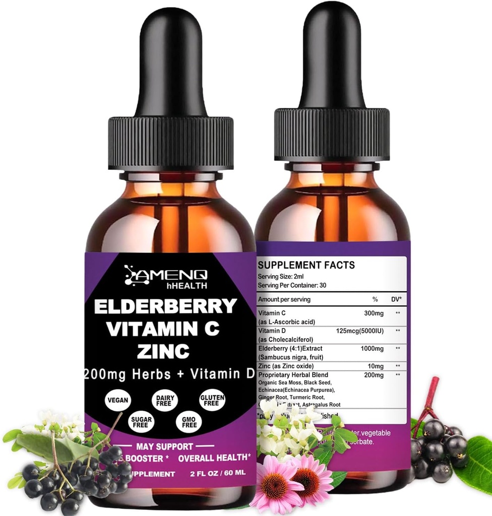 Organ Elderberry Syrup, Liquid Drops Elderberry Vitamin C dan Zinc for Dewata, 11 in- 1 Sambucus Black Elderberry Tincture w / Vitamin D3, Sea Moss Black Seed, Elderberry Immune Supplemen