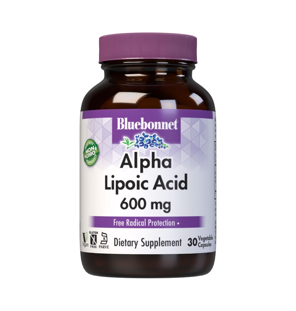 BlueBonnet Alpha Lipoic Acid 600mg - Powerful Antioksidant Nerve Suplement for Women & Men - Non-GMO, Vegan, Kosher - Free, Soy- Free, Dairy- 60 Vegetable Capsules