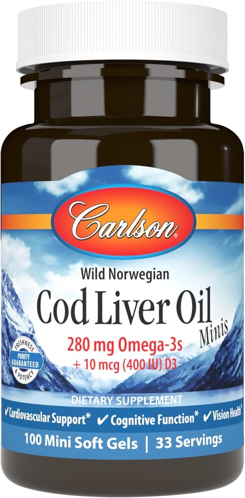 Carlson - Cod Liver Oil Minis, 280 mg Omega-3s + Vitamin A dan D3, Norwegia, Wild Caught, Sumpably Softgeels, 100 Mini Softgels