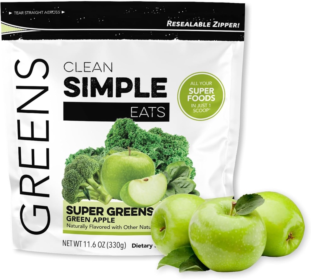 Bersihkan Bubuk Super Hijau Sederhana, Bubuk Serat Alami Flavored dengan Chlorella, Spirulina, Superfoods & Prebiotic Fiber, Tanpa Ingrediens Articial, Gluten Free, Green Apple Flavor, 30 Pelayan