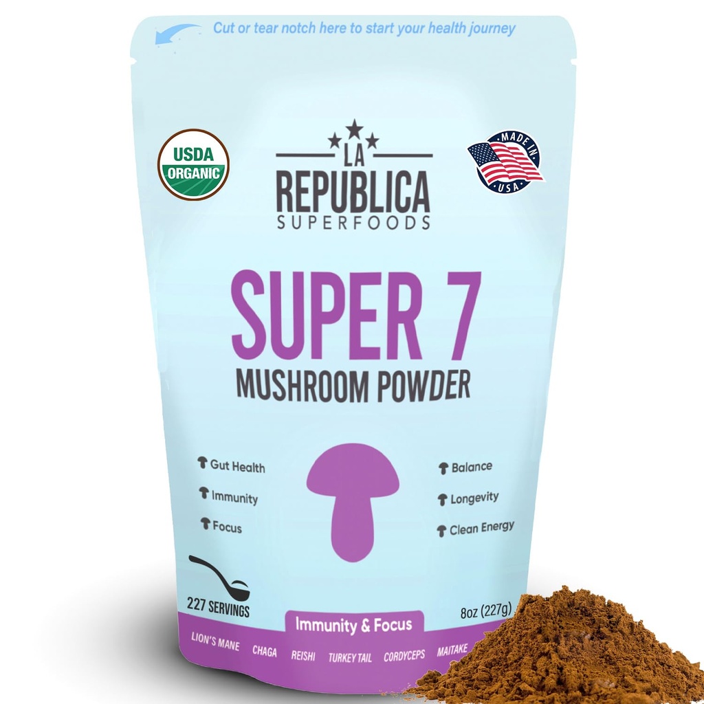 La Jourca Superfood Super 7 Mushroom Extract Powder, Termasuk Mane Lion, Reishi, Chaga, Cordyceps, Shiitake, Maitake, dan Turkey Tail (8 oz)