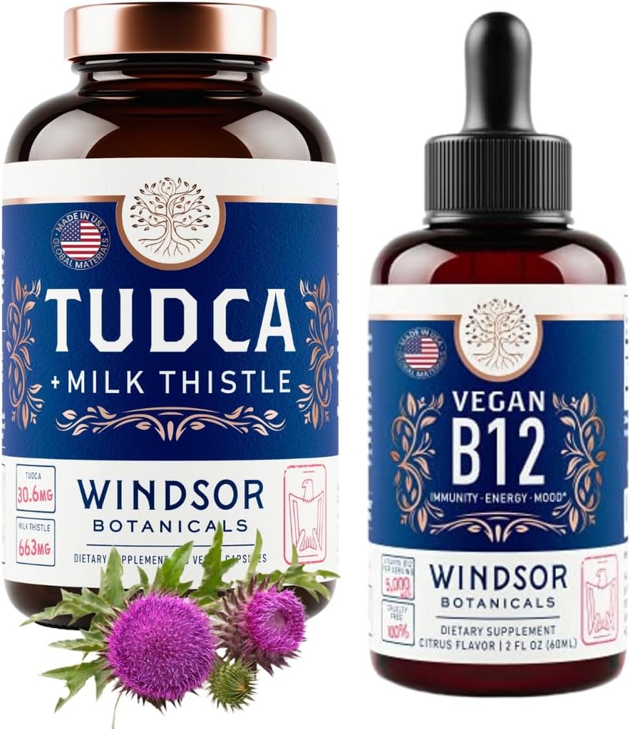 WINDSOR BOTANICALS Tudca dengan Silymarin Milk Thistle dan Vegan Vitamin B12 Liquid - Dukungan Kesehatan Bundle