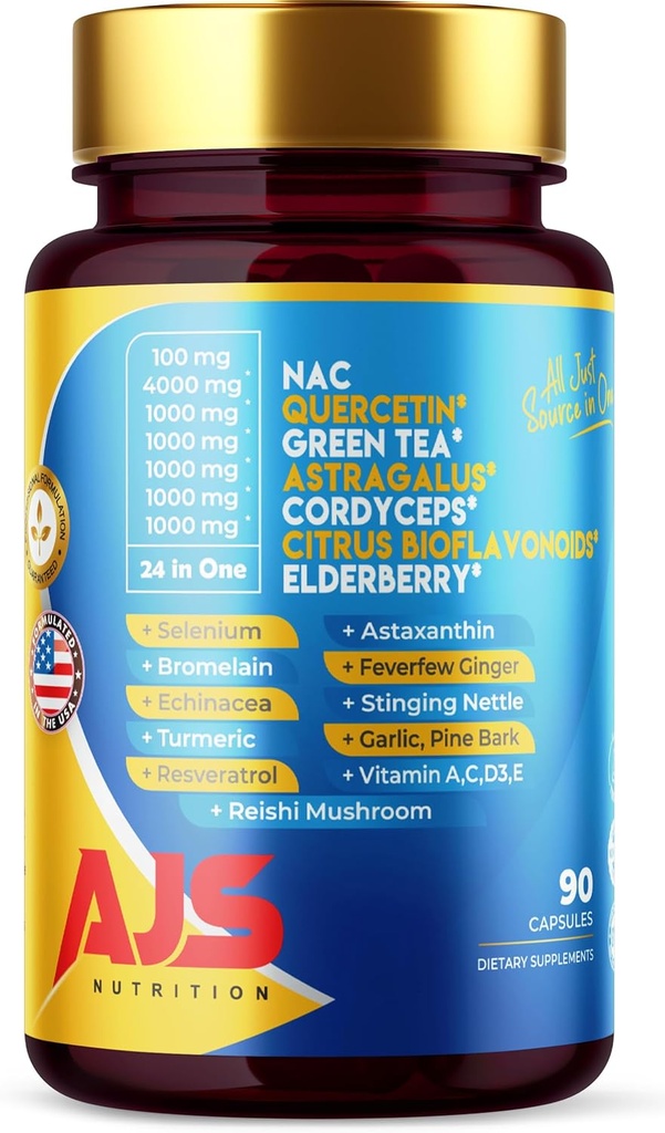 AJS Quercetin 4000mg dengan Nac Green Tea Cordycepcitrus Elderberry Selenium Bremelain Echinacea Turmeric Resveratrol Astaxanthin Feverfew Ginger Reishi Mushroom 90 Caps 20 dalam 1