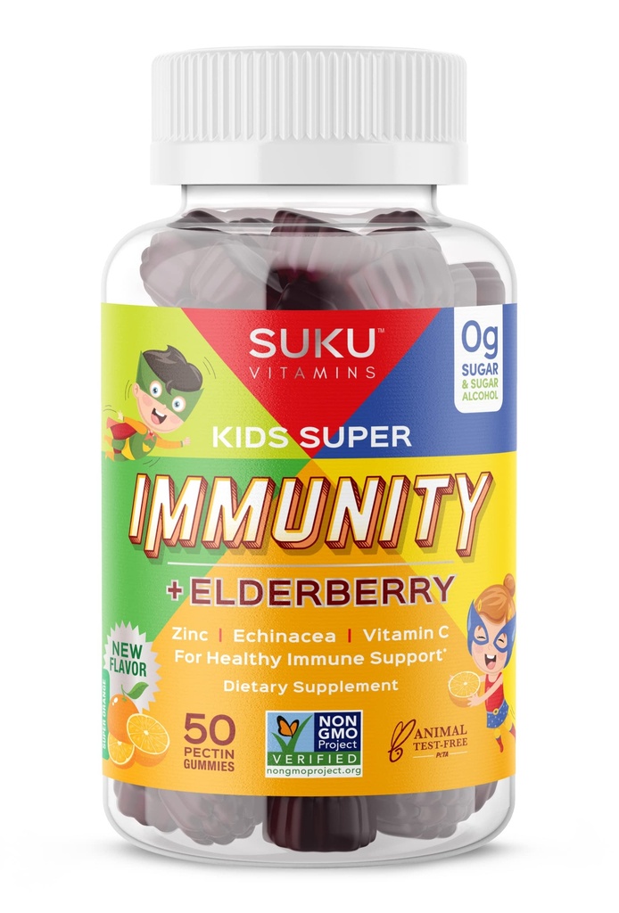 SUKU Vitamin - Kids Super Imunity - Elderberry, Echinacea, Vitamin A dan Zinc Gumies untuk Dukungan Imune - Mudah untuk Chew - Non GMO, Gluten Sugar Free - Ppocateate Lime Gummy Vitamins, 50 Count
