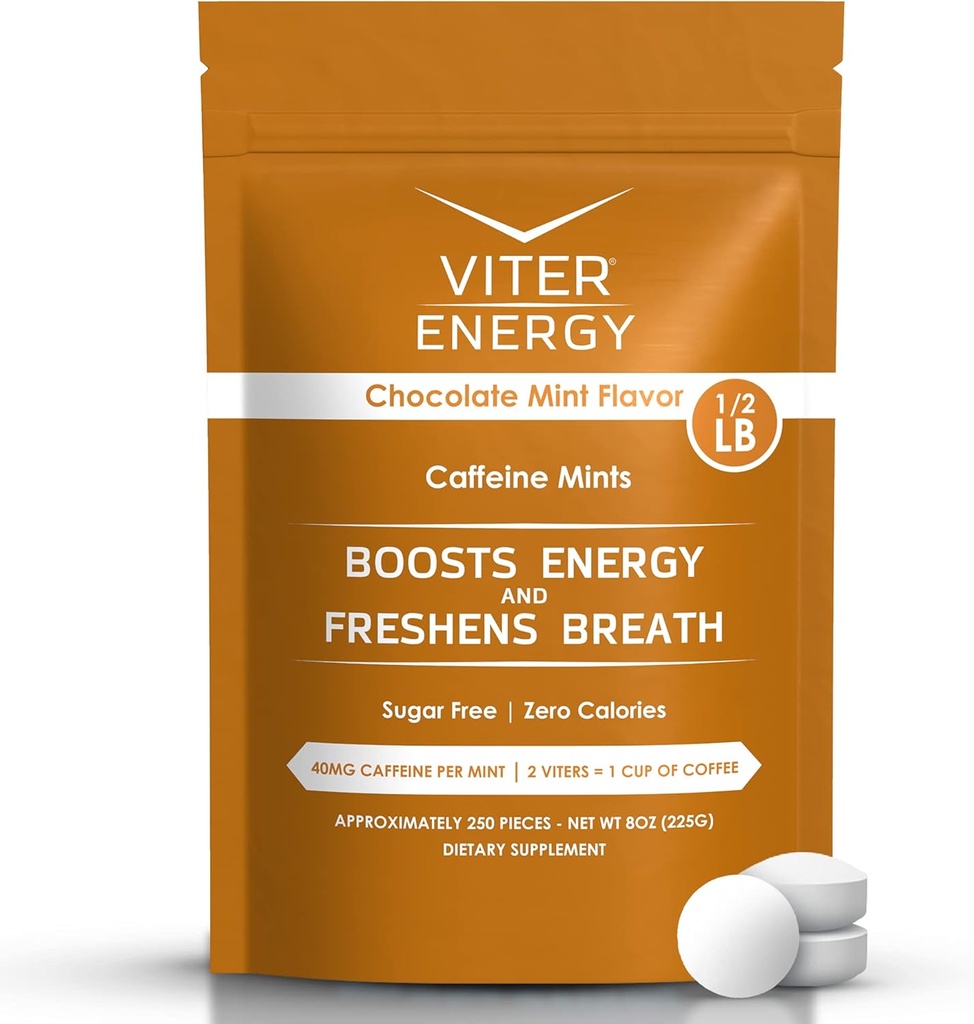 Viter Energy 40mg Caffeine Mints - Sugar Free, B Vitamin, Vegan, Boosts Fast Energized Alert Focus, Caffeinated Nootropic Supplemen (Chocolate Mint Flavor, 8oz, Bulk Bag)