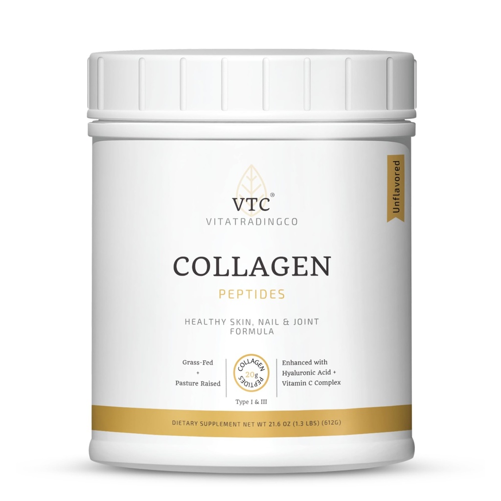 VTC VitaTradingCo. Gras- Fed Collagen Peptides Powder 124; Tipe I & III 14; Acid Hyalanic & Vitamin C 124; Rambut sehat, Skin & Joints 124; Non-GMO, Paleo, Keto 124.30 Servings (Unflambored)