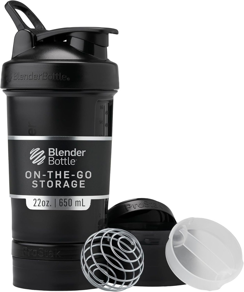 BlenderBottle Shaker Bottle dengan Pill Organizer dan Penyimpanan untuk Powder Protein, Sistem ProStok V2 Klasik, 22-Ounce, Midnight Black
