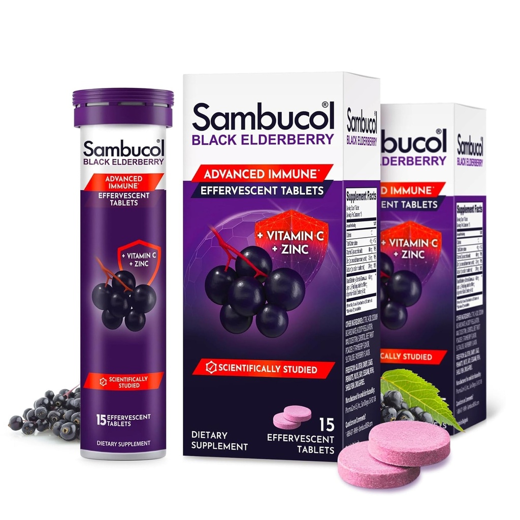 Sambucol Black Elderberry Tablet dengan Vitamin C & Zinc - Imune Suplemen Dukungan, Black Elderberry dengan Zinc dan Vitamin C Effervescent Tablet, Tinggi Antioksidants, Minuman Fizzies- 30 Count