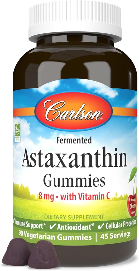 Carlson - Astaxanthin Gummies, dengan Vitamin C, Imune Dukungan, Antioksidant, Heart Health, Non-GMO, Cherry Flavor, 90 Vegetarian Gummies