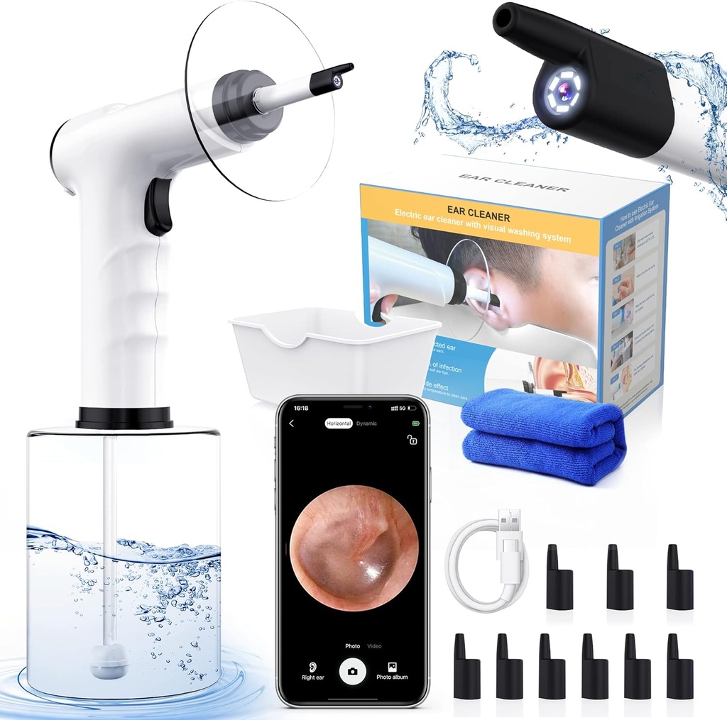 Ear Wax Removal, Kit Pembersih Ear, Pembersih Air bubuk Ear dengan 3 Tekanan Mode 12 Penggantian Tips, Ear Irrigation Flushing System, Aman dan Efektif Ear Wax Removal Tool (Hitam)