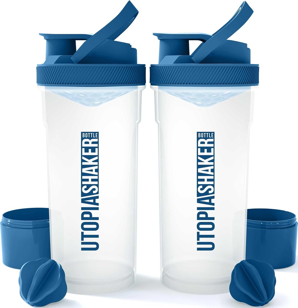 Utopia Home Shaker Bottle 2 Pack - 24 Ounce Plastic Protein atau Cocktail Shake Bottle untuk latihan Pre & Post dengan Penyimpanan Kotak Protein Twist & Lock (Clear / Navy)